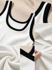 Women's Minimalist Contrast Trim Ribbed Knit Tank Top, Round Neck Slim Fit Skin-Friendly Sleeveless Casual Basic Top, Summer Daily Vacation Layering Top - White - View 10