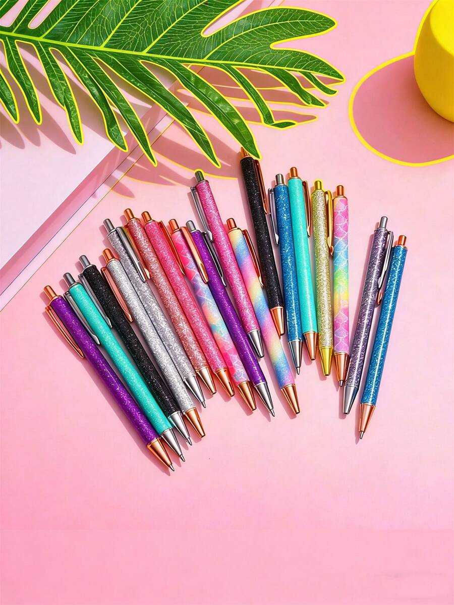 2PCS/ New Model Of Retractable Pens Wholesale, Creative Gold Glitter Retractable Ballpoint Pens, Metal Pens With PU Glitter Leather Cover - Multiple Styles - View 1