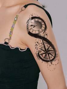 Black INS Style Creative Personalized Clock Compass Pattern Party Gift DIY Holiday Gift Music Festival Temporary Waterproof Tattoo Sticker For Arm Waist Abdomen 1pc/Pack - Black - View 4