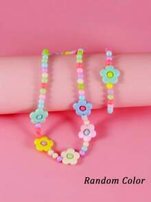 Collar Y Pulsera De Cuentas Con Decoración De Flores Para Niñas - Multicolor - Ver 2