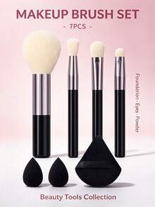 7Pcs Makeup Brush Set,Complete Beauty Tools Collection For Foundation, Blush, Eyeshadow & Powder Makeup - Black - View 9