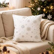 2 buah Sarung Bantal Dekoratif Motif Salju Natal, Sarung Bantal Sofa, Tanpa Isian - Putih - View 7