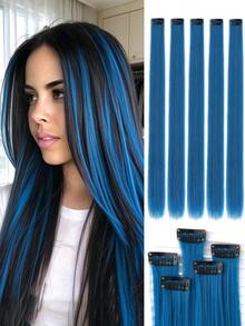 HEYPINK 5pcs Blue Clip-In Hair Extensions, Synthetic Hair For Women, Can Be Paired With Various Hairstyles Without Going To The Salon For Highlights, Suitable For Daily Wear And Various Parties - Blue - View 2