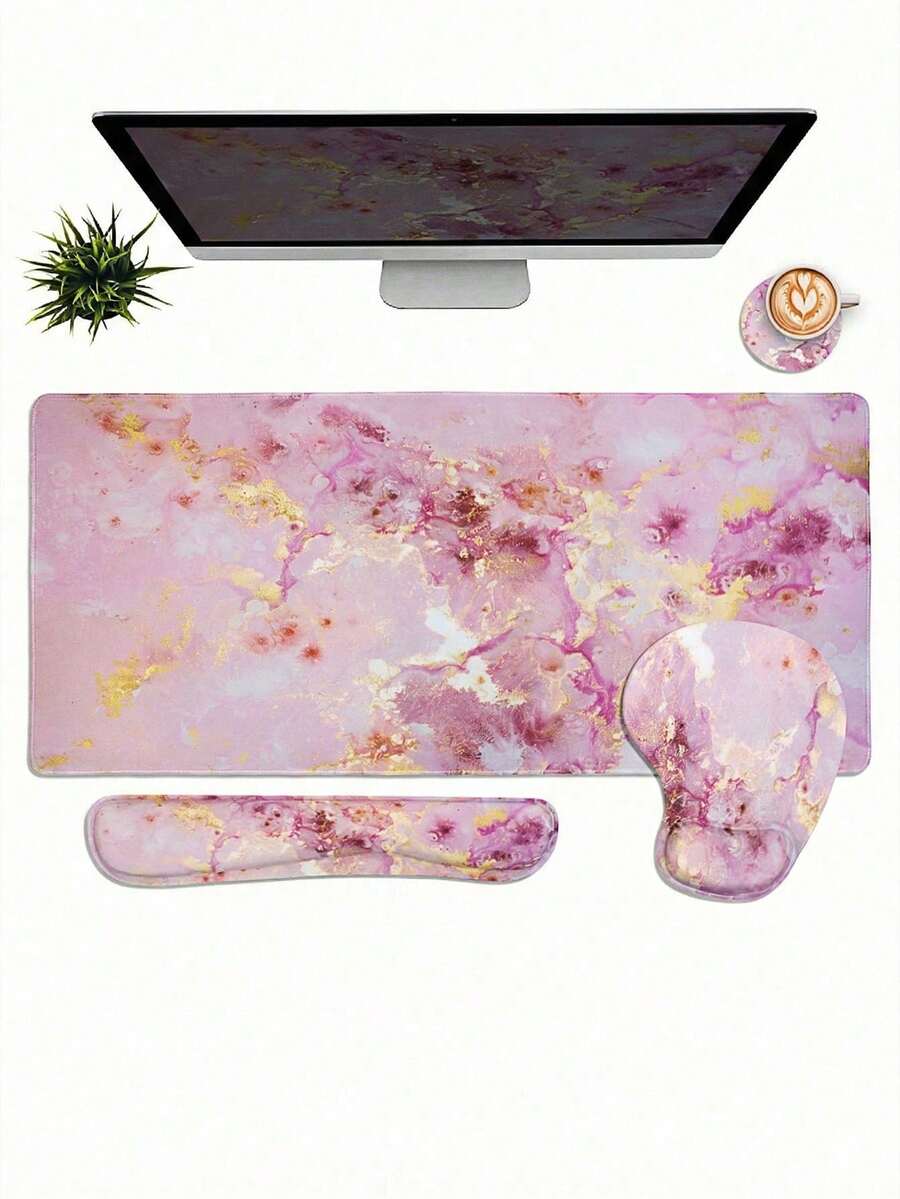 Set 4 Buah Alas Meja Ergonomis Besar XXL Motif Marmer - Alas Mouse Gaming Ukuran Besar, Penyangga Pergelangan Tangan Keyboard, Tatakan Gelas - Alas Anti Selip, Tepi Berjahit - Memudahkan Pengetikan, Meredakan Nyeri - (35,4*15,7 Inci) - Cocok Untuk Kantor, Rumah, Komputer, Laptop - View 1