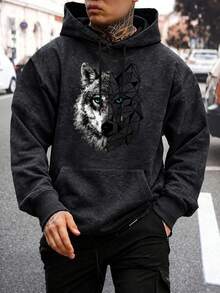 Men's Autumn/Winter American Street Style Wolf Head Pattern Hoodie With Drawstring - Black - View 6