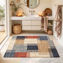 1pc Kitchen Floor Mat, Soft Faux Cashmere Material Floor Pad, Geometric Patchwork Striped Texture, Kitchen Bathroom Entryway Non-Slip Floor Mat, Suitable For Multiple Scene Use Non-Slip Floor Mat, Room Decor, Holiday Gift - Multicolor - View 5