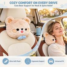 1pc Cute Plush Bear Car Headrest, Adorable Girl Style Car Interior Decor Pillow, Travel Relaxation Neck Support Pillow, Soft And Comfortable Car Headrest - A - View 6