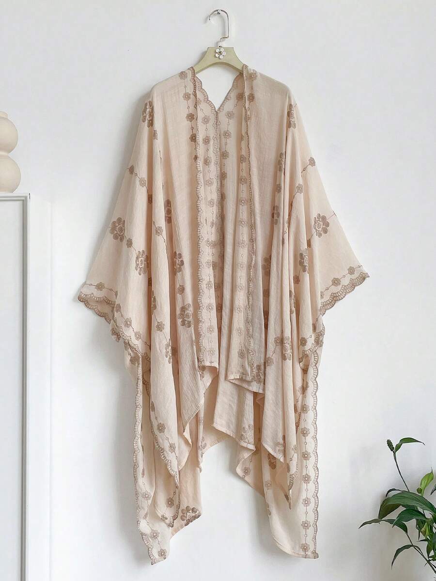 1件極簡優雅花卉圖案波希米亞風刺繡開襟披肩，女款春夏和服式圍裙，沙龍裙，海灘度假防曬罩衫，刺繡開襟衫，時尚百搭奢華裝飾，適合日常穿著，送禮首選 - 米色 - 查看 1