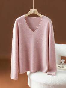 HEYMINI Autumn/Winter New Comfortable Cashmere Sweater, Women's Sweet Solid Color V-Neck Long Sleeve Knit Top, Suitable For Daily Wear - Baby Pink - View 9