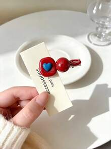 Korean Ins Style Red & Blue Colorblock Square Heart Beaded Alligator Hair Clip, Premium Side Hair Clip For Forehead Bangs And Loose Strands - Multicolor - View 5