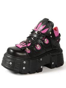 Women's Thick Sole Platform Shoes, Niche Rivet Heavy Metal Punk Style, Rocker Casual Sports Shoes For Petite Girls - Rose Red - View 8