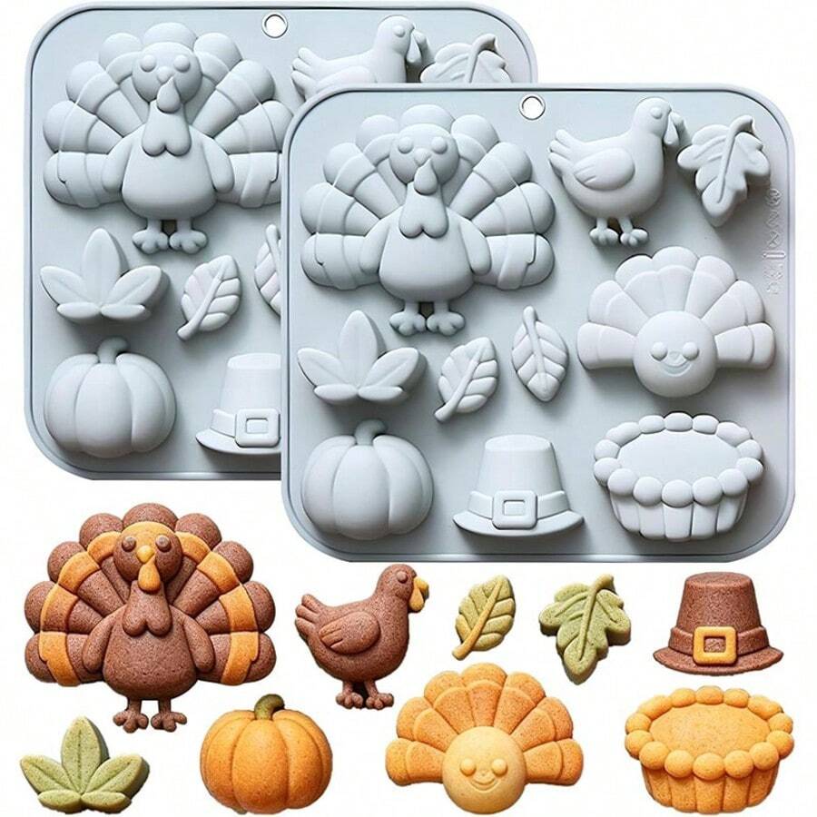 10-Cavity Silicone Mold, Harvest Festival Theme Shapes Including Turkey, Pumpkin And Cake, Suitable For Cake, Chocolate, Soap, Candle, Plaster And Craft, Candle Drip Glue Making Gifts - Multiple Styles - View 1