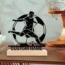 1pc Customized Metal Art Statue Of Football Player With Wooden Base And Personalized Engraving, Cast Iron Decor Featuring Dynamic Football Action Design, Suitable For Indoor And Outdoor Decoration - Black - View 3