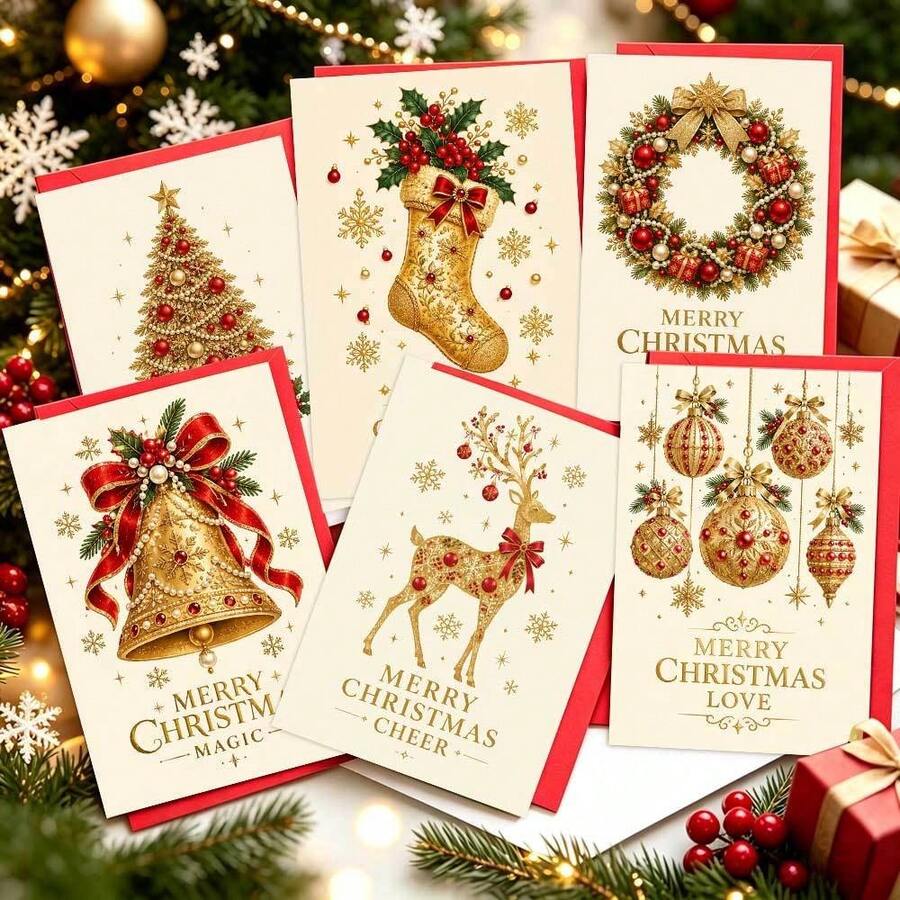 24pcs, Exquisite And Elegant Christmas Themed Greeting Card Set, Featuring Classic Elements Such As Christmas Trees, Wreaths, Bells, Reindeer, And Decorations, Luxurious And Warm, Suitable For Friends, Colleagues, And Business Partners - Sets - View 1