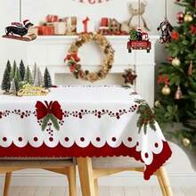 1PC Party Tablecloth, Minimalist Red & White Bow & Holly Berry Christmas Style Pattern Party Tablecloth, Durable Polyester Fabric, Suitable For Indoor/Outdoor Daily & Christmas Party Decoration, Easy To Clean Tablecloth, Suitable For Coffee Table, Dining Table, Hotel, Restaurant, Camping & European/American Home Kitchen Decor - A - View 5