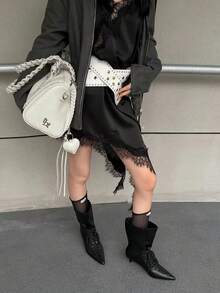 秋季新款女款黑色低粗跟高筒尖頭皮靴 - 黑色 - 查看 3