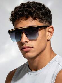 1 PC Men's Retro Rimless Shield-Shaped Fashion Glasses Metal Top Bar Chic One-Piece Lens Lightweight For Beach Vacation Activities With Glasses Box - Multicolor - View 1