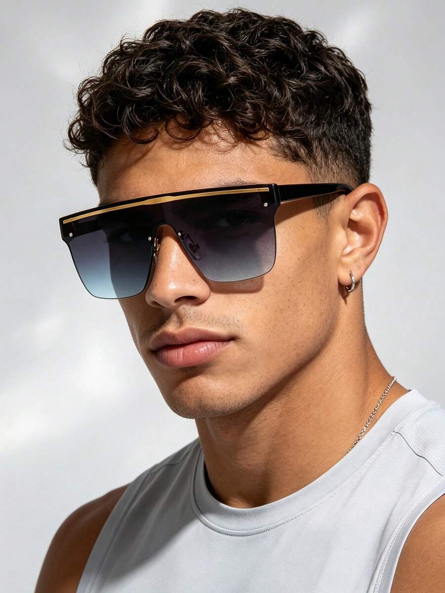 1 PC Men's Retro Rimless Shield-Shaped Fashion Glasses Metal Top Bar Chic One-Piece Lens Lightweight For Beach Vacation Activities With Glasses Box - Multicolor - View 1