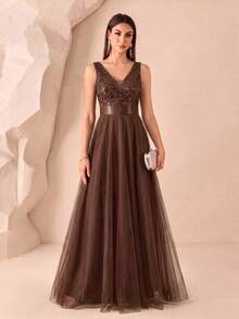 XUCTHHC Elegant Sequin Embroidery & Mesh V-Neck Sleeveless A-Line Black Evening Gown, Suitable For Prom, Party, Wedding Guest, Holiday, Autumn/Winter - Coffee - View 10