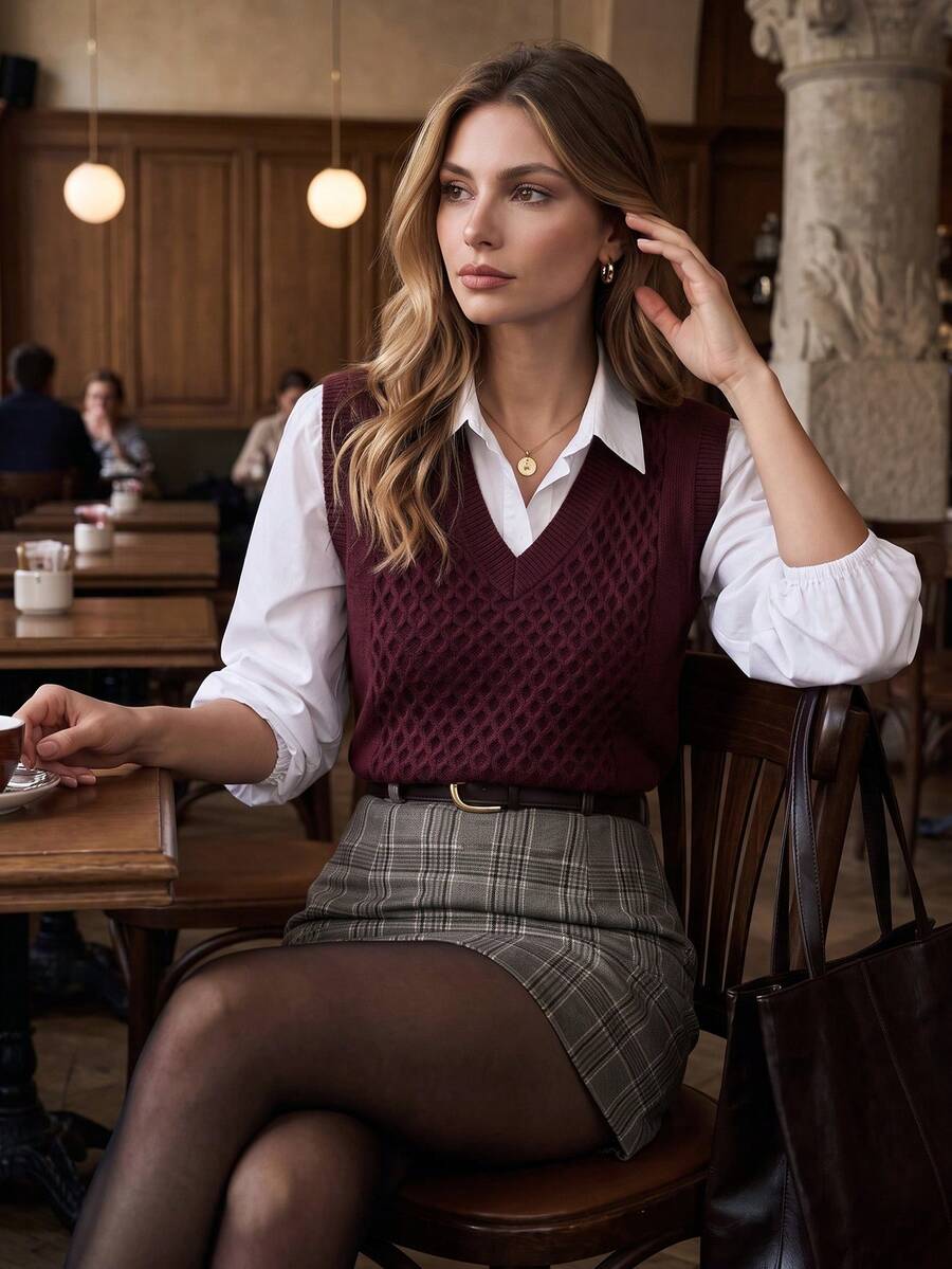 DONICY Women Elegant Burgundy V Neck Knit Vest, Hollow Out Diamond Pattern Sleeveless Cropped Knit Waistcoat - Burgundy - View 1