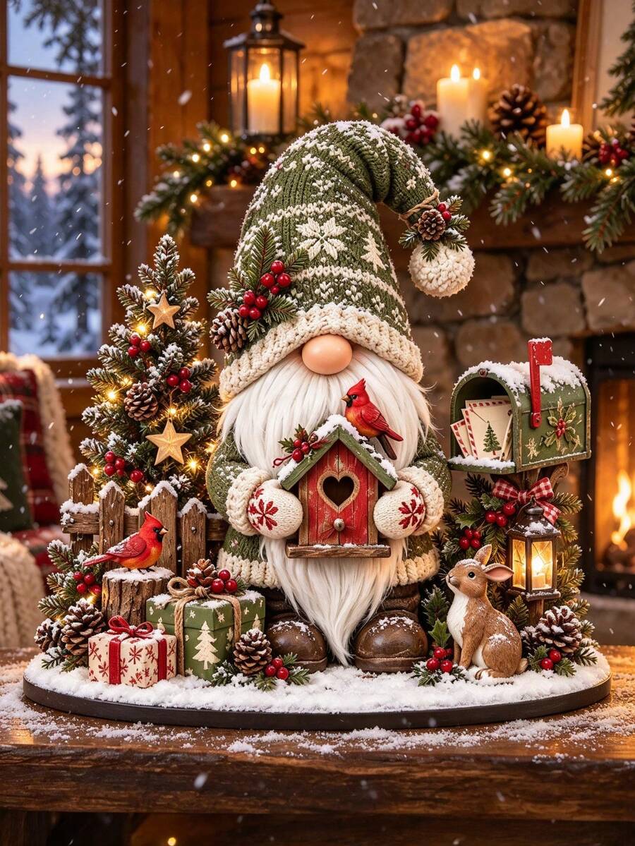 Christmas Gnome Desktop Decor, 2D Flat, Country Winter Forest Style Gnome Statue With Cardinal, Rabbit, Mailbox, Mini Christmas Tree, Gift Box, Snowy Farmhouse Christmas Hanging Ornament Table Decor Home Decoration - Christmas Mailbox Gnome - View 1