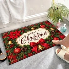 1pc Kitchen Floor Mat, Soft Faux Cashmere Material, Christmas Wreath Pine Cone Red Ribbon Plaid Background, Anti-Slip Floor Mat For Kitchen, Bathroom, Entryway, Suitable For Multiple Scenes, Room Decor, Holiday Gift - Multicolor - View 7