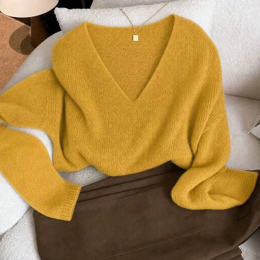 Women's Spring Autumn V-Neck Thin Loose Soft Cozy Slouchy Minimalist Versatile Fashion Solid Color Knit Top Outerwear Base Layer Daily Outfit - Ginger - View 1