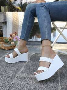 Women's Woven Double Strap Decor Wedge Platform Slide Sandals, Summer Outdoor Beach Slippers - White - View 7