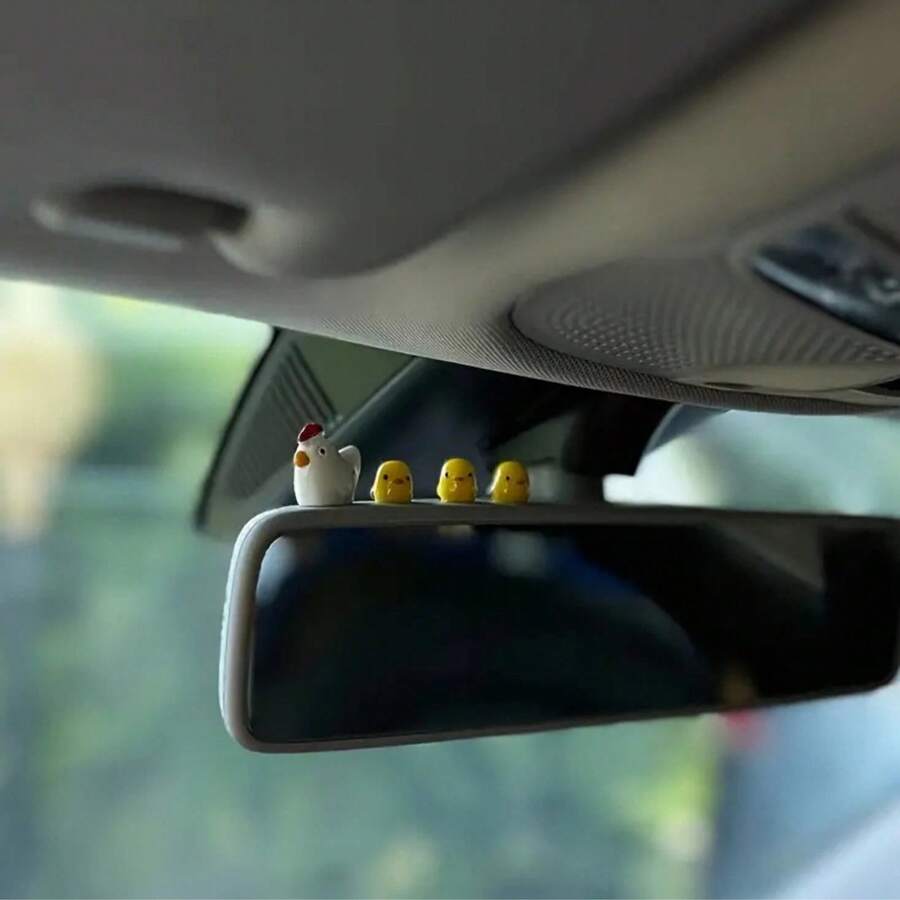 5pcs/Set Cute Miniature Chicken Car Decoration Accessories Including Car Interior Ornament, Inner Dashboard Decor, Control Panel Decor, Rearview Mirror Decor - A - View 1