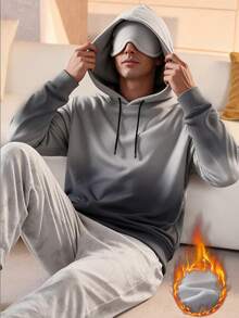 Autumn/Winter New! Men's Fashion Fleece Lined Thick Eye Mask Hooded Sweatshirt, Gradient Color Design, Suitable For Home Casual Wear - Grey - View 1