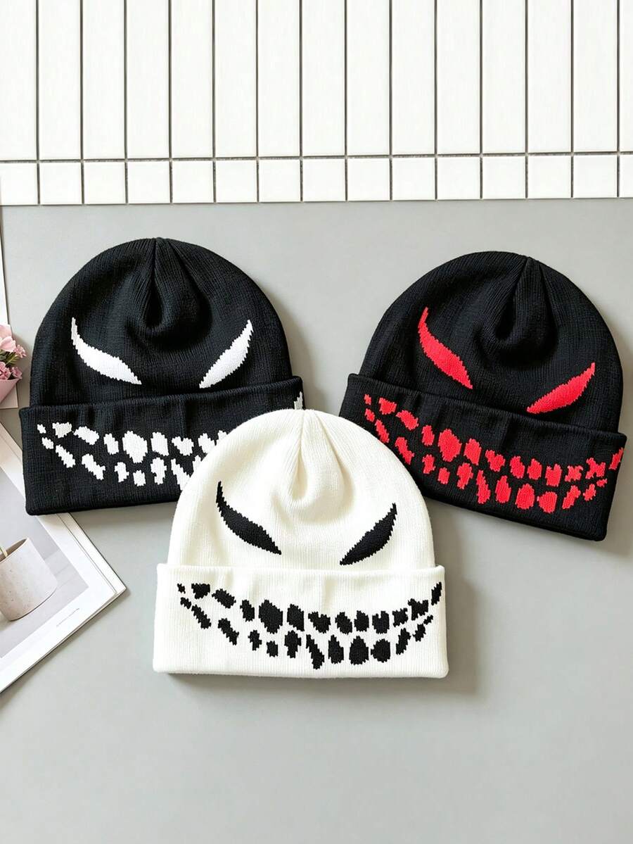 1pc Unisex Snarling Pattern Jacquard Reversible Knit Beanie Hat, Outdoor Casual Comfortable Hip-Hop Style Cold Weather Cap, Cycling Hat, Camping Hiking Windproof Warm - Reversible Grinning Knit Hat - View 1