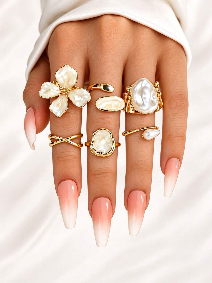6PCS INS Style Oil Drop Flower Baroque Asymmetrical Faux Pearl Rings, Vintage Cross Embrace Oil Drop Ring Set For Women - Gold - View 1