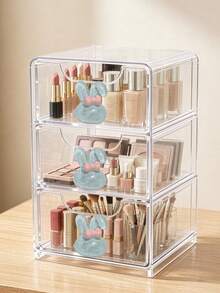 Mini Desktop Drawer Organizer With Rabbit Decoration, Rabbit Bowknot Cosmetic Storage Box, Plastic Multi-Layer Jewelry & Cosmetic Storage Box, Transparent Drawer Organizer, Jewelry Storage Box, Transparent Visible Design, Dust-Proof, Suitable For Vanity, Bedroom, Office, Ideal For Storing Daily Items, Perfect For Home Vanity, Best Gift For Classmates, Sisters, Moms, Halloween, Christmas, Birthday - Multicolor - View 1