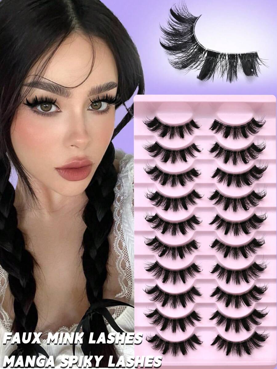 10 Pairs Anime Spiky Fake Lashes Wet Look Manga Faux Mink Lashes 3D Fairy Cat Eye LashesNatural Clear Band Eyelashes Curly Wispy False Eyelashes Soft Volume Full Strip Lashes For Beginners Daily Parties Festival Makeup, Lash Tech Supplies - View 1