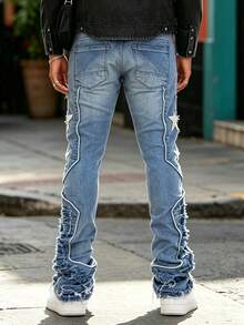 Men's Frayed Hem Slim Fit Jeans, Fashionable Flared Pocket Denim Pants, Comfortable Machine Washable, Versatile Wardrobe Essential For All Seasons - أزرق فاتح - مشاهدة 4