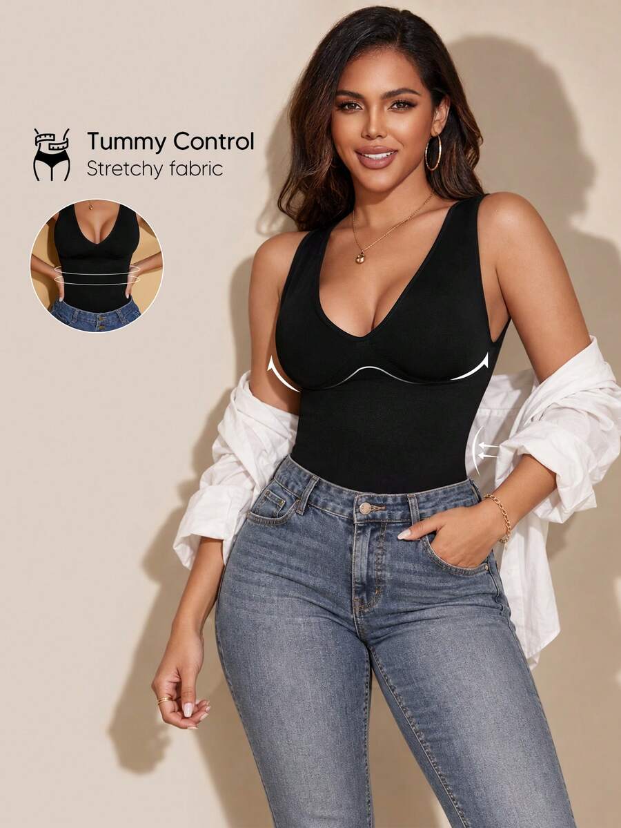 Women's V-Neck Seamless Slimming Sports Camisole Casual Black Summer - Black - View 1