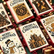 12pcs Exquisite Retro Christmas Theme Greeting Card Set, [2D Flat Card], Featuring Classic Elements Like Christmas Tree, Wreath, Fireplace, Snowman, Gift Box, And Gingerbread Man, Warm And Elegant Style, Suitable For Friends, Colleagues - Sets - View 5