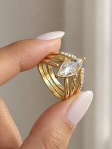 3Pcs Gold Plated Marquise Cut Ring Set For Women, V-Shaped Wave Stackable Rings, 3 PiecesMarquise Rhinestone Bridal Wedding Band Stack - Gold - View 1