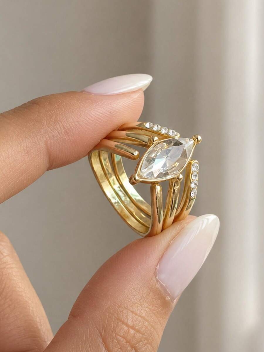 3Pcs Gold Plated Marquise Cut Ring Set For Women, V-Shaped Wave Stackable Rings, 3 PiecesMarquise Rhinestone Bridal Wedding Band Stack - Gold - View 1
