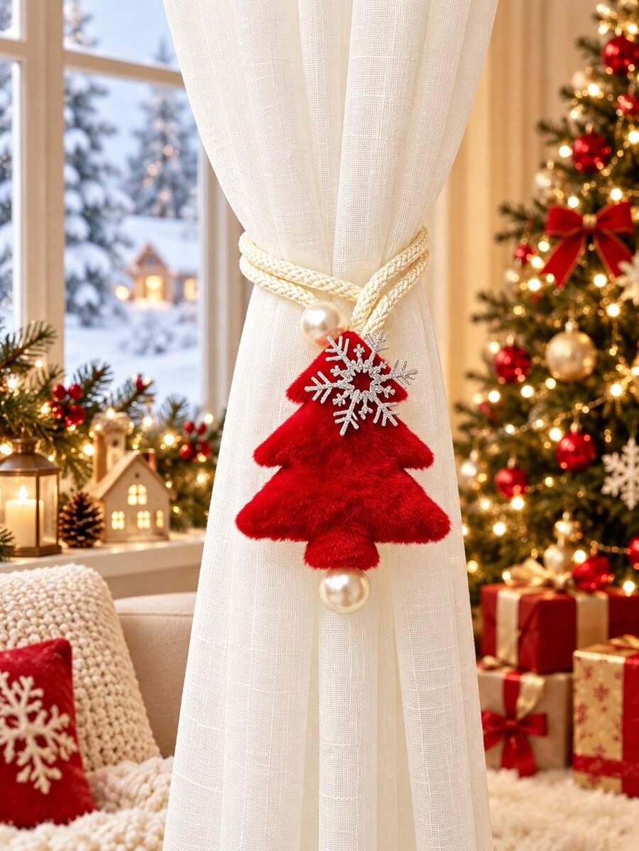 Christmas Tree Snowflake Curtain Tieback With Pearl Rope And Plush Tree ...