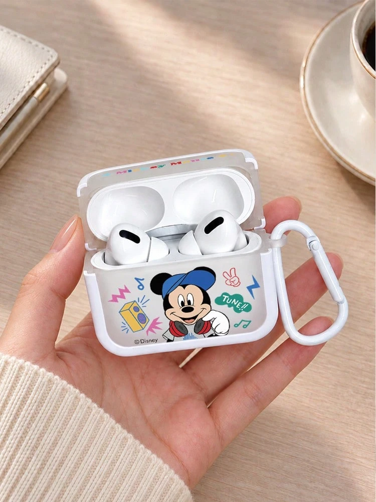 Miniso 迪士尼質感TPU藍牙耳機保護殼,附1個同色掛鉤,適用於airpods1/2/3/4/5/pro/pro2/pro3,新款耳機防摔軟殼,男女通用,米妮米奇情侶款 - 白色 - 查看 1