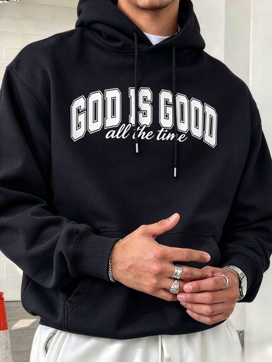 男士秋冬美式勵志 GOD IS GOOD 信仰標語印花黑色保暖內裡連帽衛衣，基督教主題連帽上衣