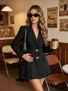 Elegant Women's Solid Color Long Sleeve Lapel Blazer Jacket With Metal Bowknot Button Decoration, Suitable For Commuting, Vacation, Business, And Casual Wear - Black - View 5
