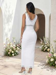 JustVH Maternity Lace Patchwork Ruched Tie-Waist Maxi Dress, Sleeveless Fitted Party Gown For Summer, Baby Shower/Photoshoot - White - View 2