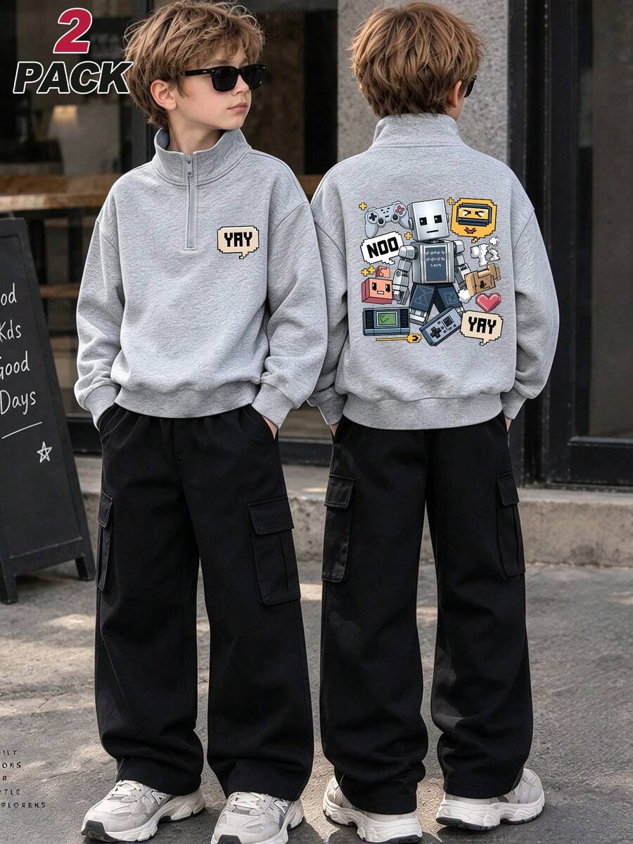 2-delars set för stora pojkar, Pixel Robot Game halvdraget hoodie + cargobyxor med flera fickor, avslappnat set för pojkar, vår/höst, campuskläder - Grå - Visa 1