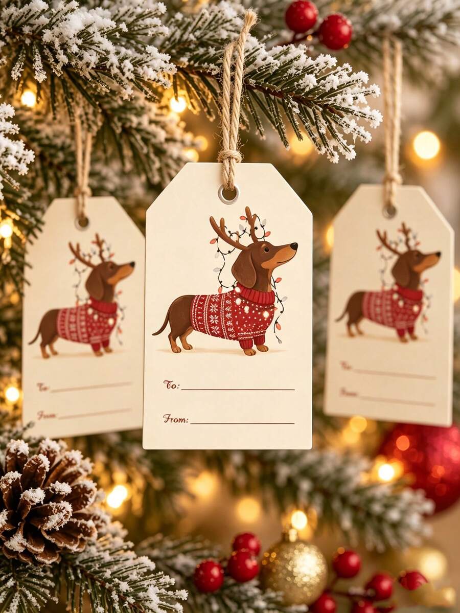 40pcs Cartoon Dachshund Gift Tags With Jute Rope, Vintage Warm Style Gift Hang Tags, Suitable For Christmas Holiday Gift Packaging Decoration - Multi-color - View 1