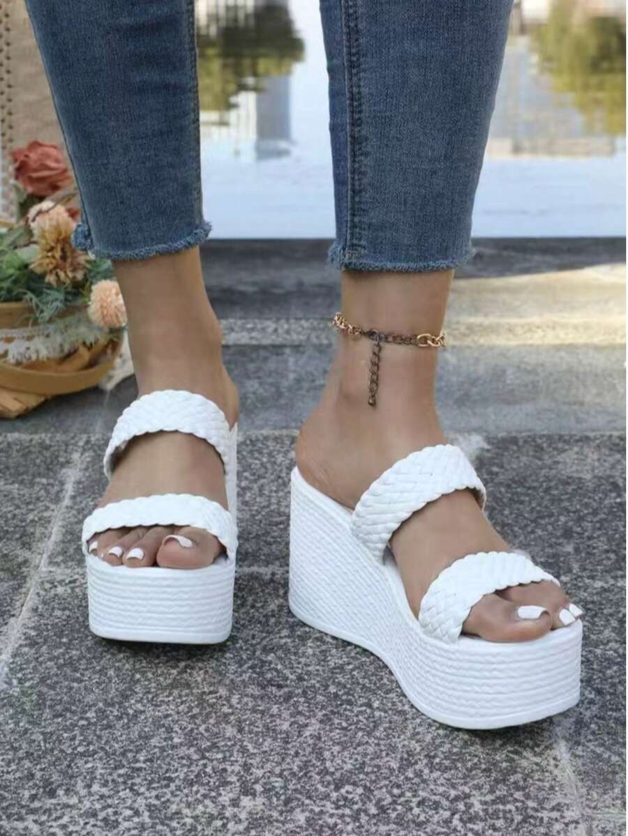 Women's Woven Double Strap Decor Wedge Platform Slide Sandals, Summer Outdoor Beach Slippers - White - View 1