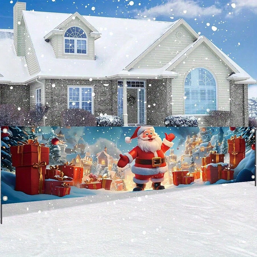 1pc Merry Christmas Yard Sign Banner, Polyester, Snowy Landscape Gift Santa Claus Pattern, Suitable For New Year Holiday Winter Party Decoration Garden Outdoor Photo Booth Backdrop - Christmas Gift Theme - View 1