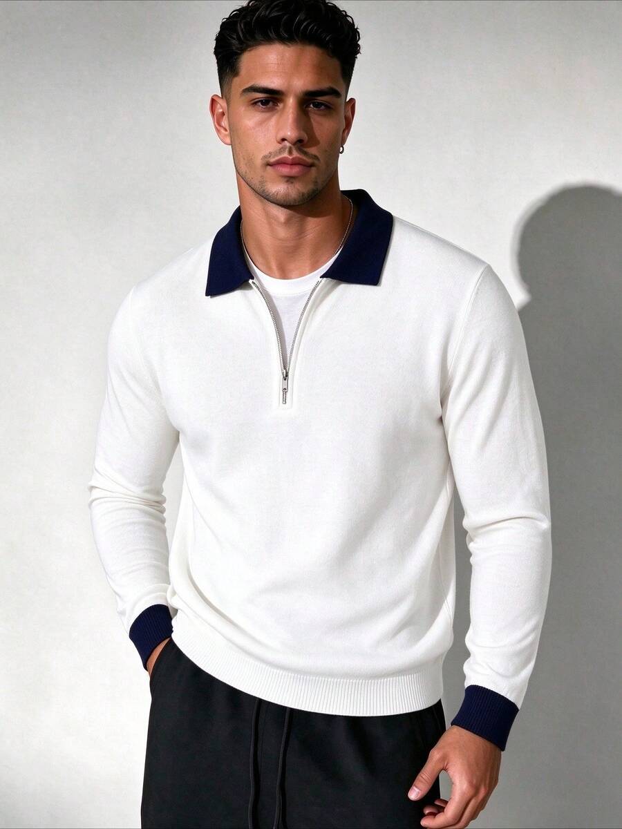 ZYNTH BALENO Men's Fashion 12-Gauge Patchwork Slim Fit Regular Shoulder Zip-Up Collar Long Sleeve Sweater, Suitable For Gym Workout