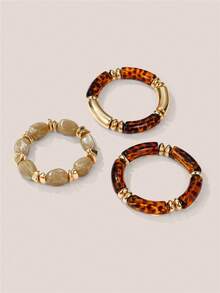 Valisandre Bộ 3 vòng tay hạt acrylic họa tiết da báo nhiều lớp phong cách Vintage Boho, hàng cao cấp sang trọng cho nữ - Họa tiết da báo - Xem 2